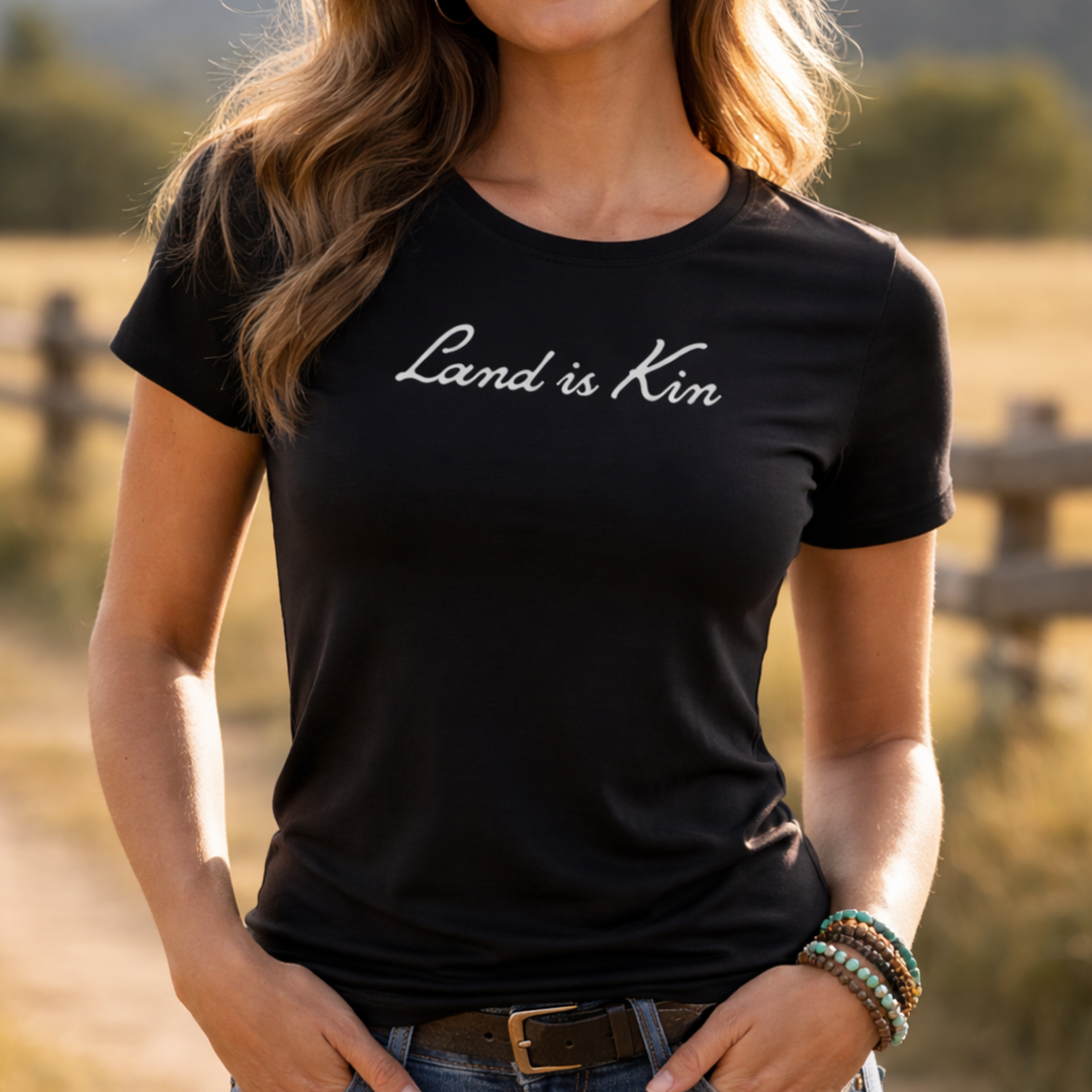“Land Is Kin” Women's Black T-Shirt