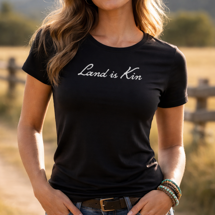 “Land Is Kin” Women's Black T-Shirt
